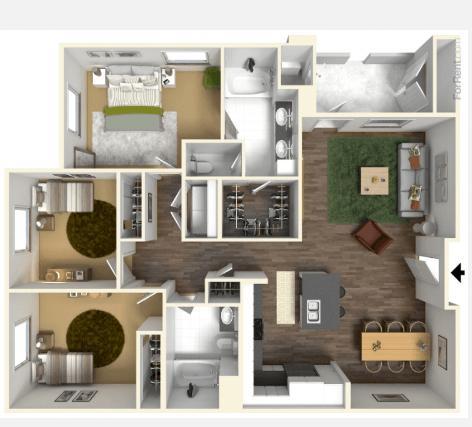 Floor plan for 3 beds, 2 baths, 1253 sqft